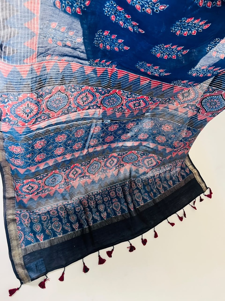 Ajrakh Maheshwari Silk Sarees 5028 BLUE 3