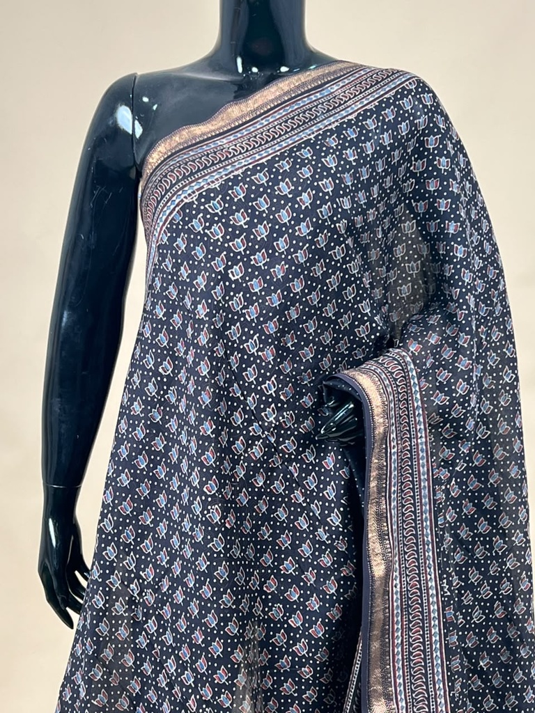 Ajrakh Maheshwari Silk Sarees 5028 BLACK LOTUS