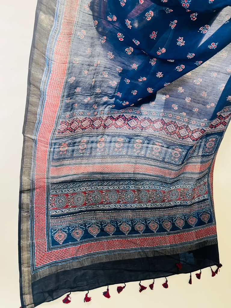 Ajrakh Maheshwari Silk Sarees 5028 BLUE 