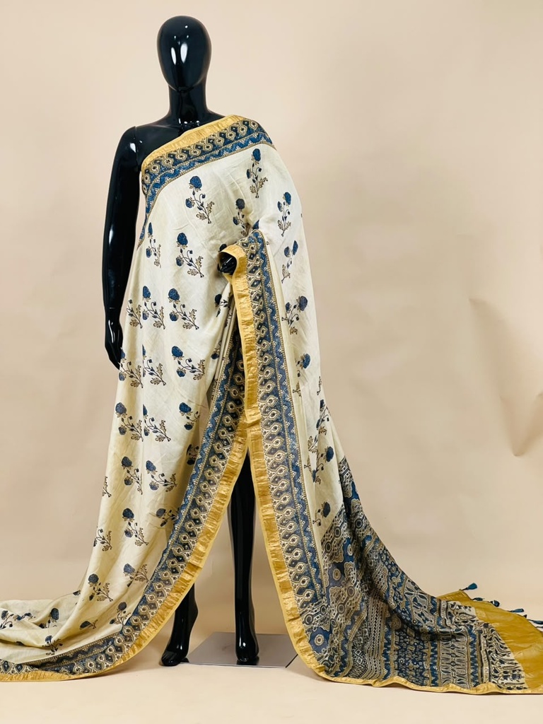 Ajrakh Maheshwari Silk Sarees 5028 IVORY