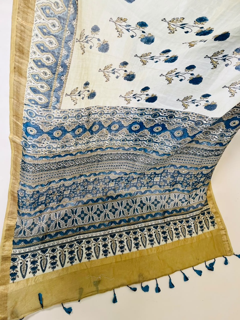 Ajrakh Maheshwari Silk Sarees 5028 IVORY