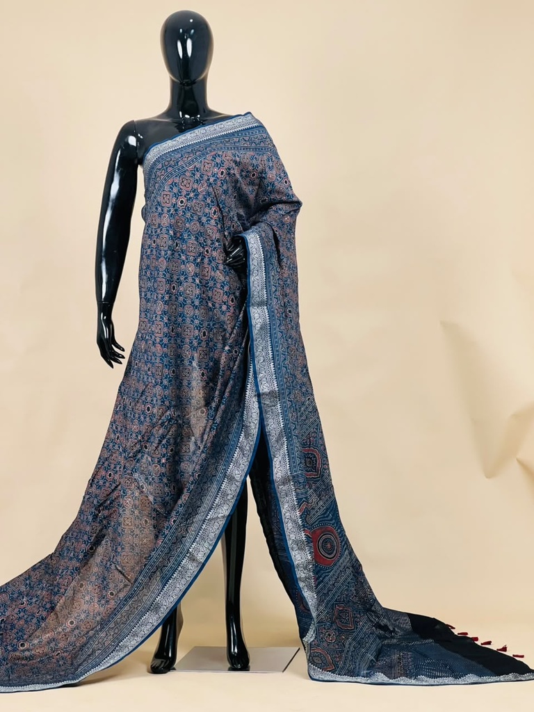 Ajrakh Maheshwari Silk Sarees 5028 BLUE 2