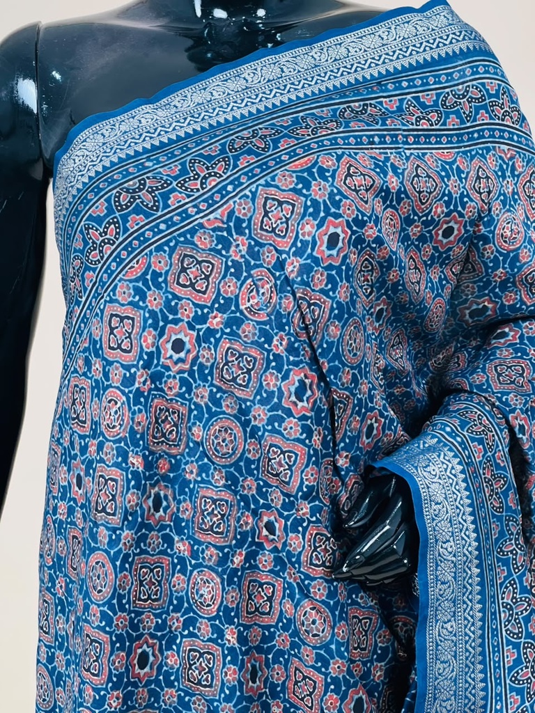 Ajrakh Maheshwari Silk Sarees 5028 BLUE 2