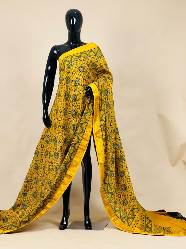 Ajrakh Maheshwari Silk Sarees 5028 YELLOW