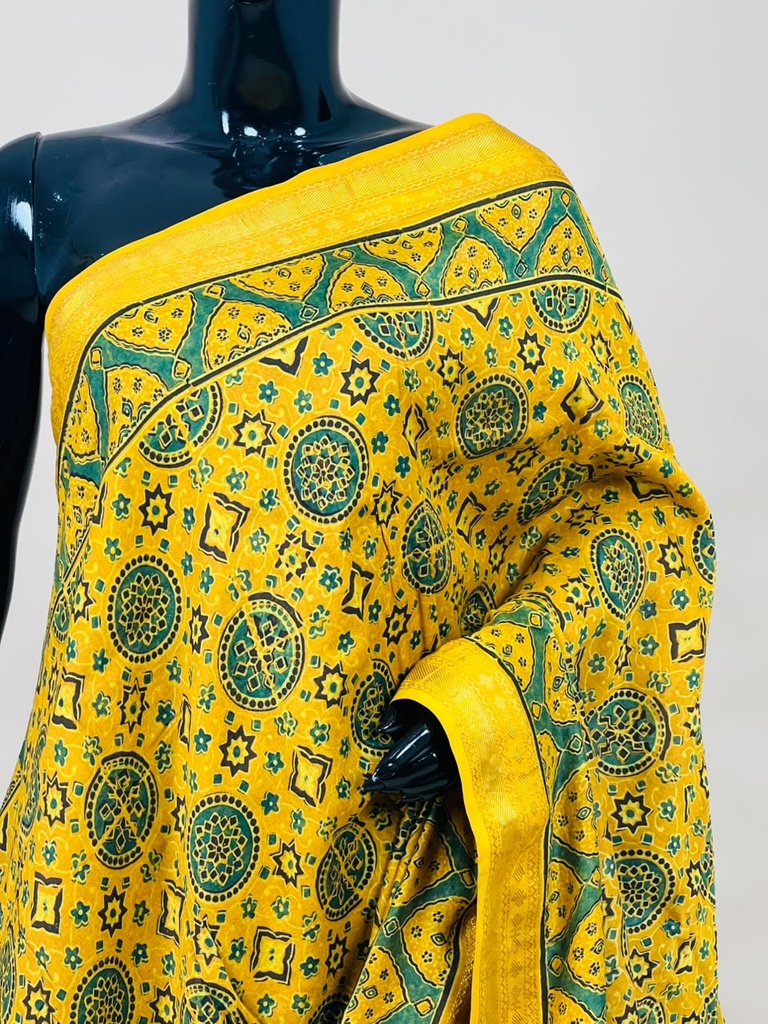 Ajrakh Maheshwari Silk Sarees 5028 YELLOW