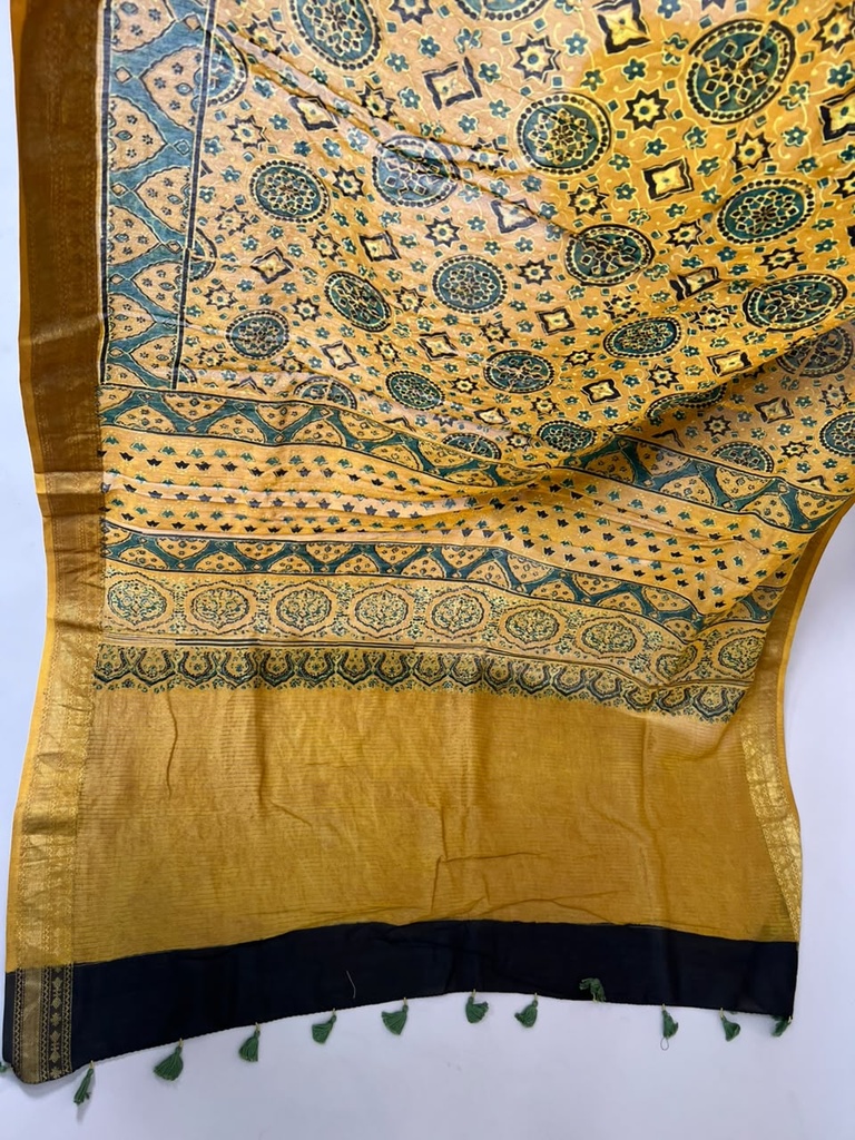 Ajrakh Maheshwari Silk Sarees 5028 YELLOW