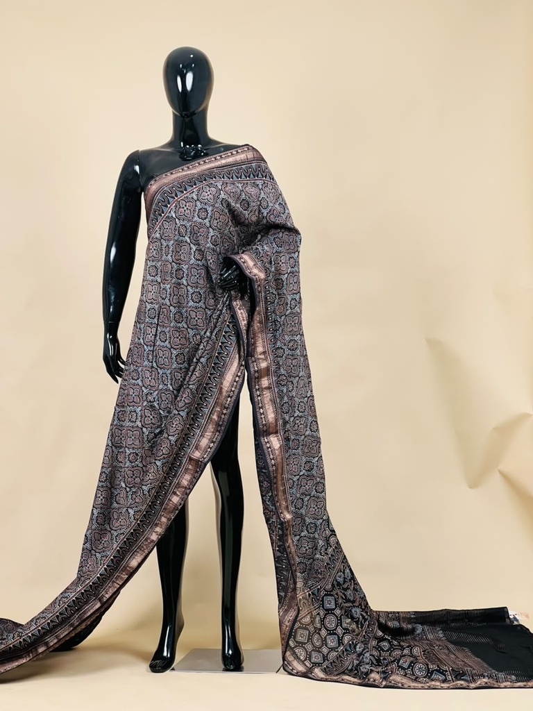 Ajrakh Maheshwari Silk Sarees 5028 BLACK 1