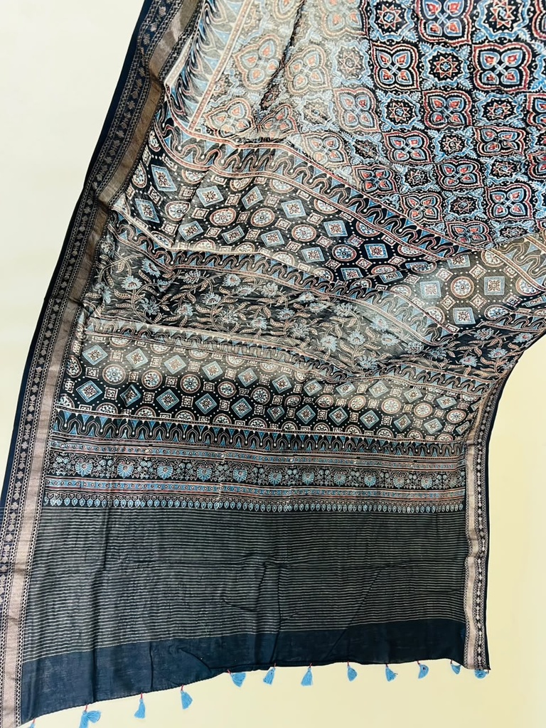 Ajrakh Maheshwari Silk Sarees 5028 BLACK 1