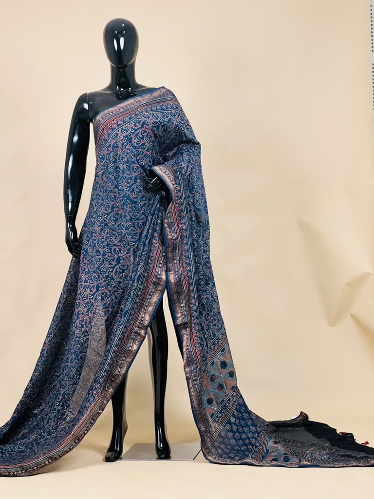 Ajrakh Maheshwari Silk Sarees 5028
