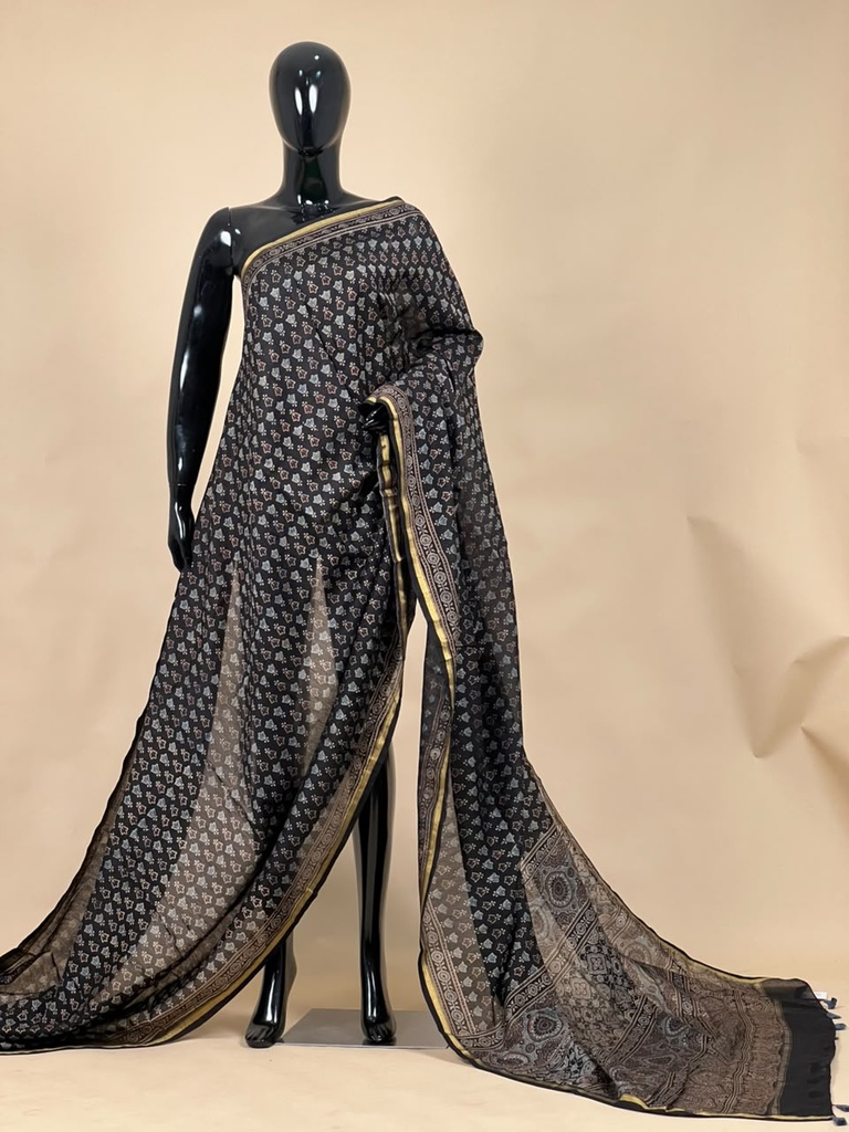 Ajrakh Chanderi Silk Sarees 5028 BLACK
