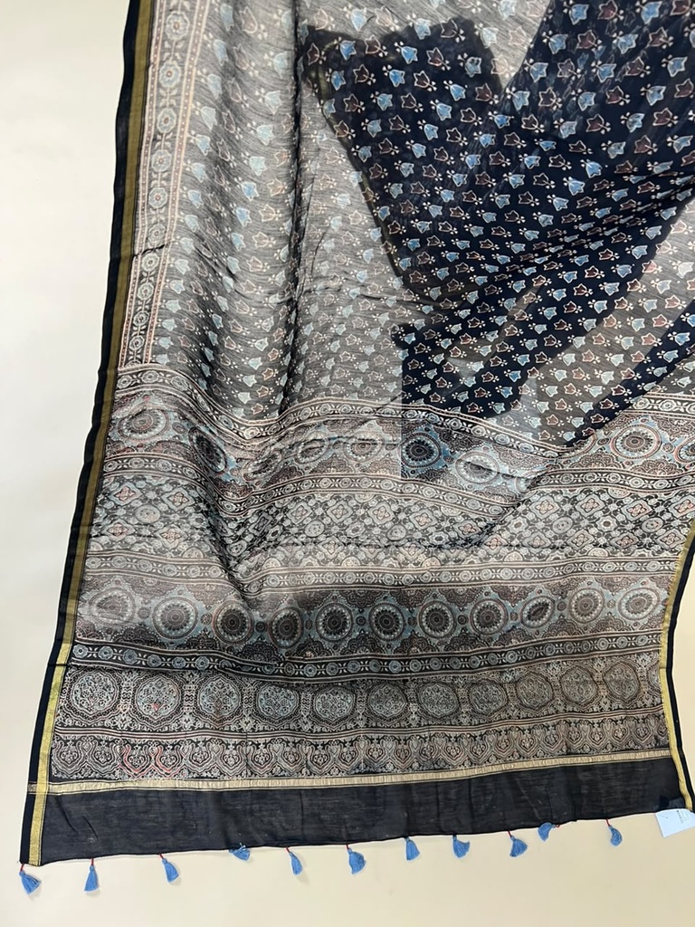 Ajrakh Chanderi Silk Sarees 5028 BLACK