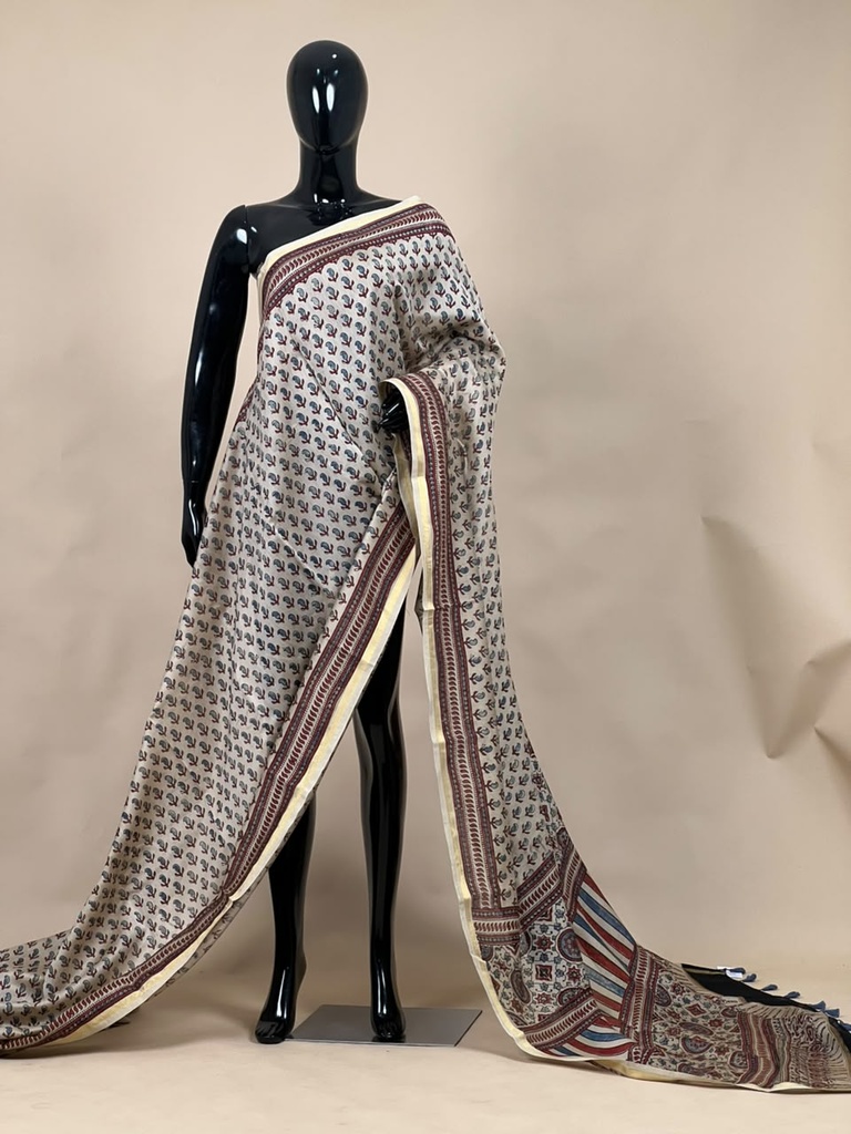 Ajrakh Chanderi Silk Sarees 5028 IVORY 1