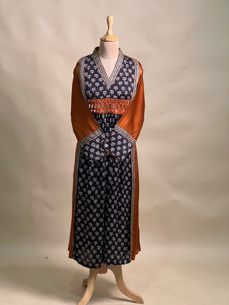 Ajrakh Modal Silk Aline Kurti 5053 RUST ORANGE LOTUS