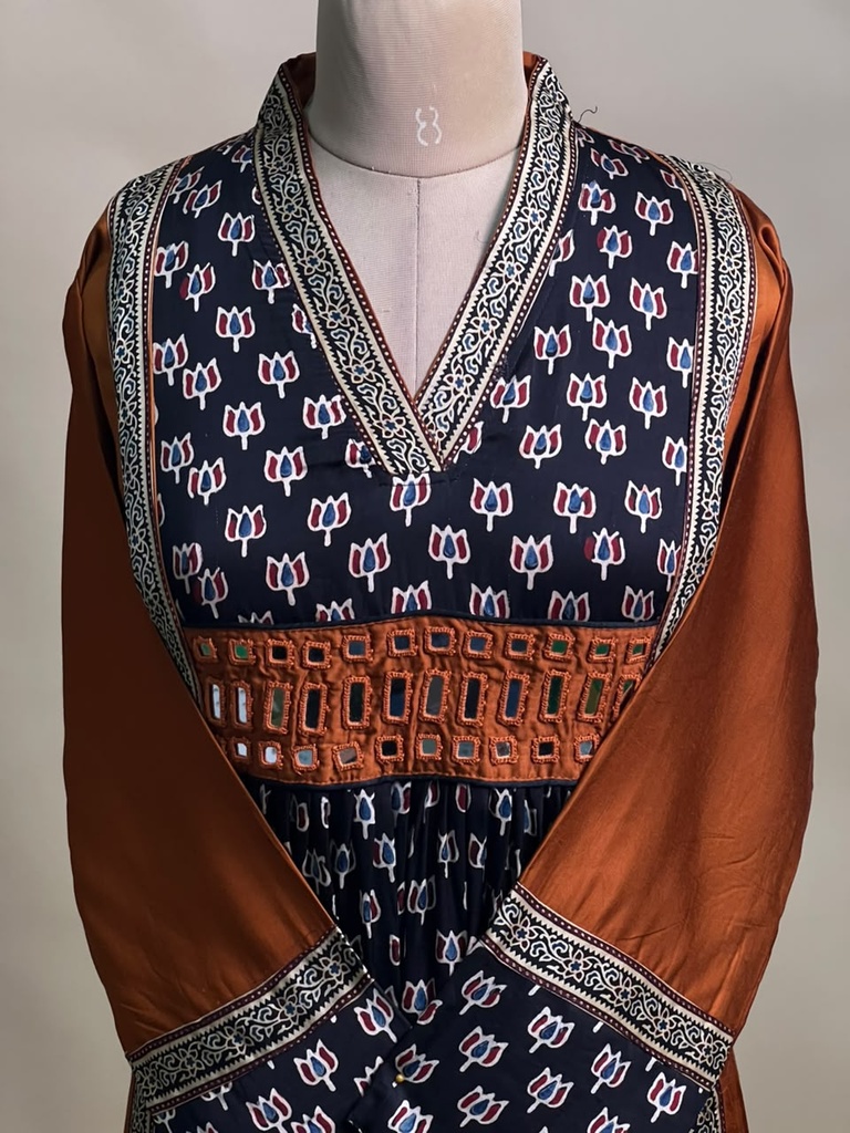 Ajrakh Modal Silk Aline Kurti 5053 RUST ORANGE LOTUS