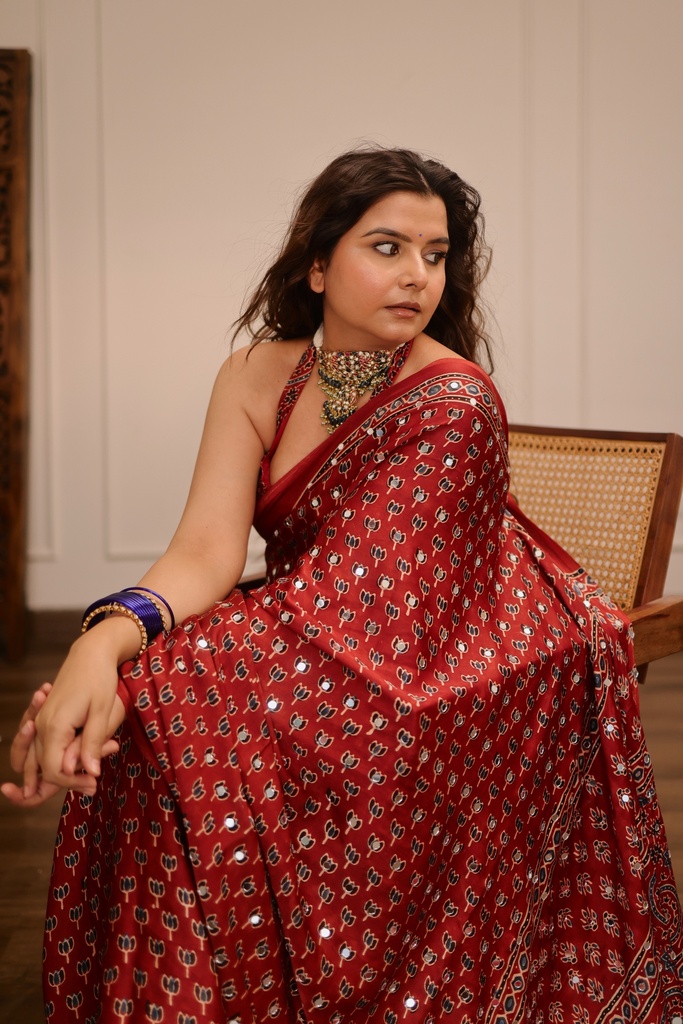 Ajrakh Silk Mirror Saree 5036