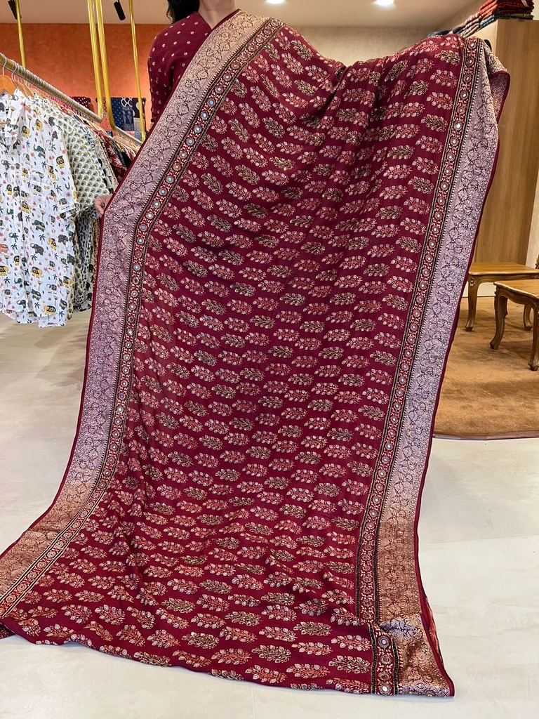 Premium Ajrakh handwork Silk Saree 5036