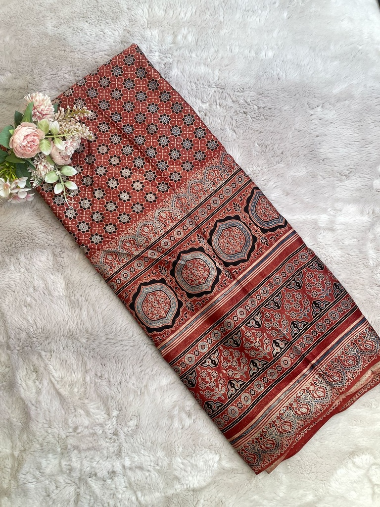 Ajrakh Handblock Printed Mashru Silk Fabric 4215