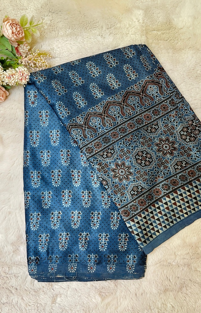 Ajrakh Handblock Printed Mashru Silk Fabric 4215