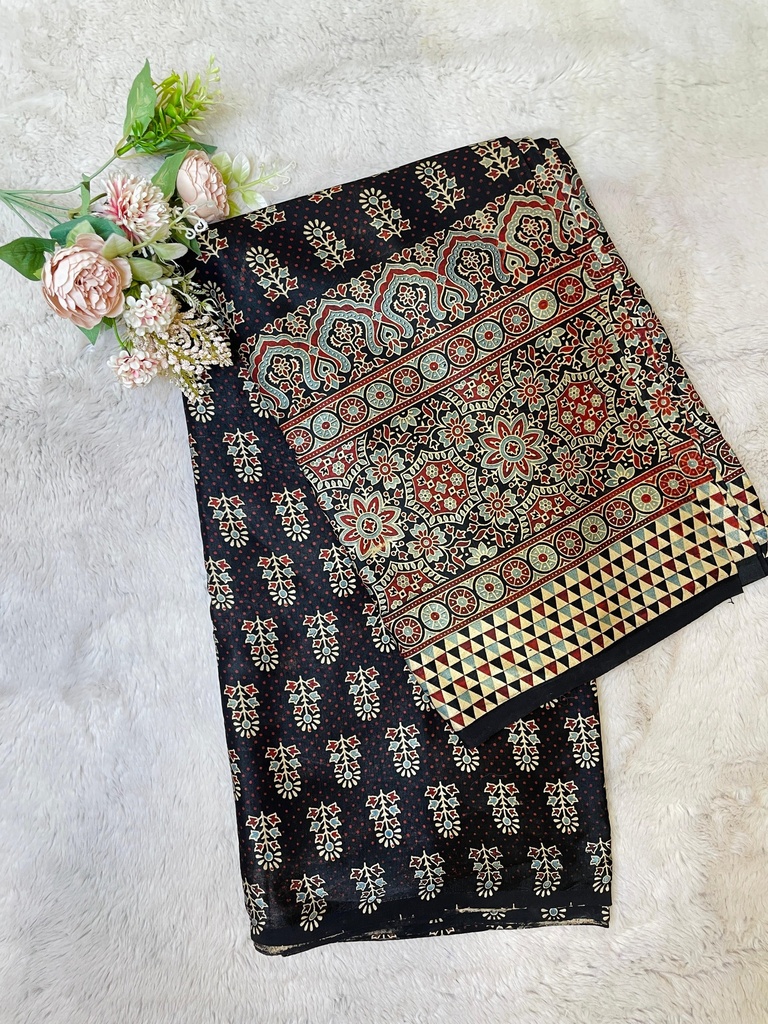 Ajrakh Handblock Printed Mashru Silk Fabric 4215