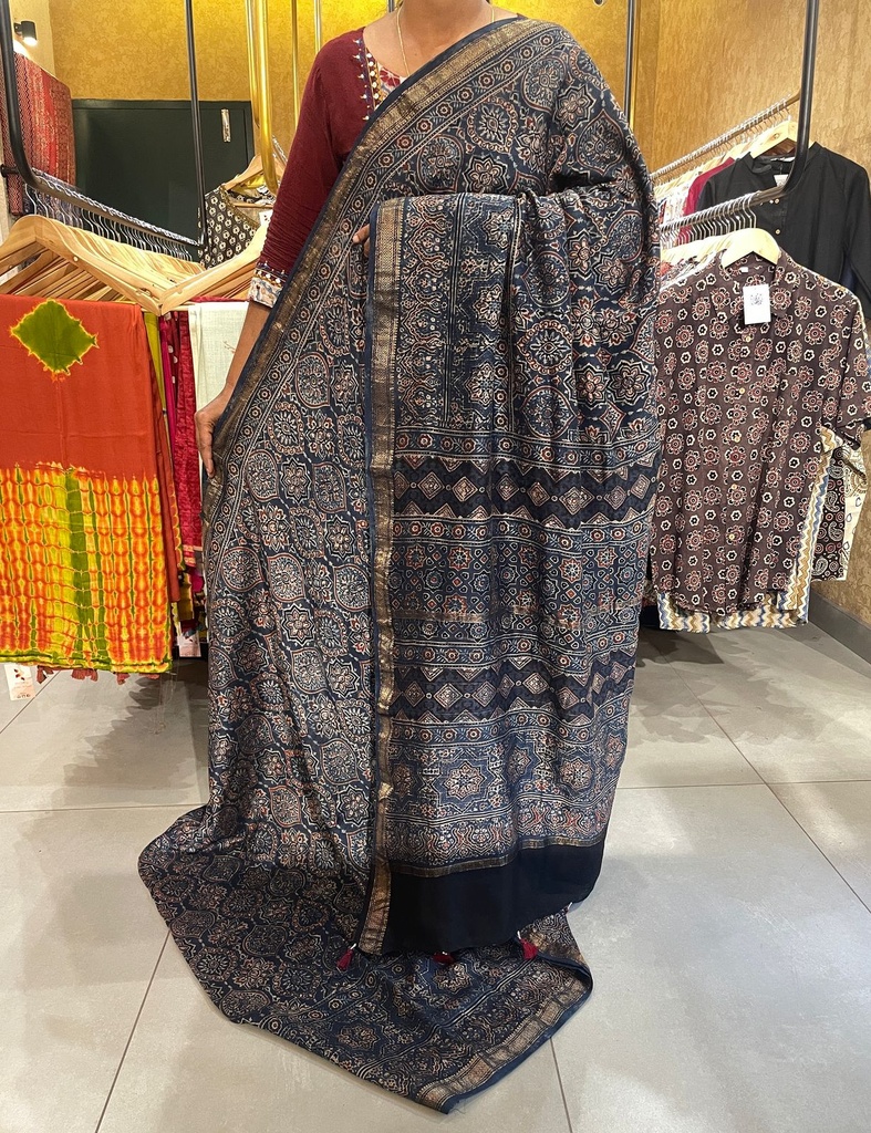 Ajrakh Maheshwari Silk Saree 4241