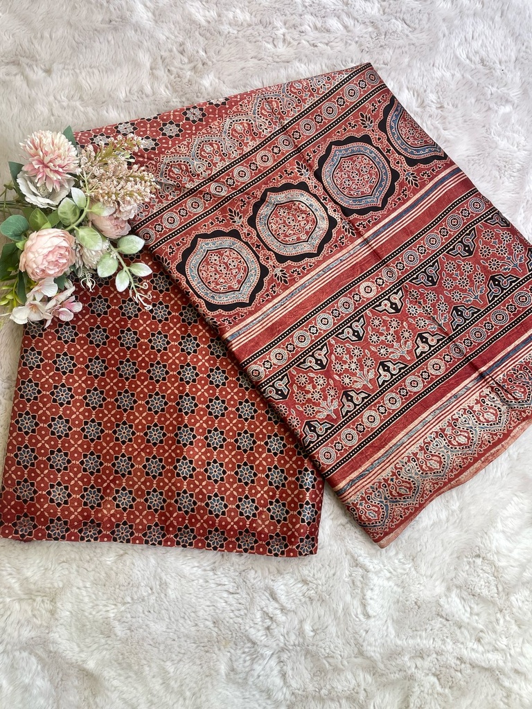 Ajrakh Handblock Printed Mashru Silk Fabric 4215