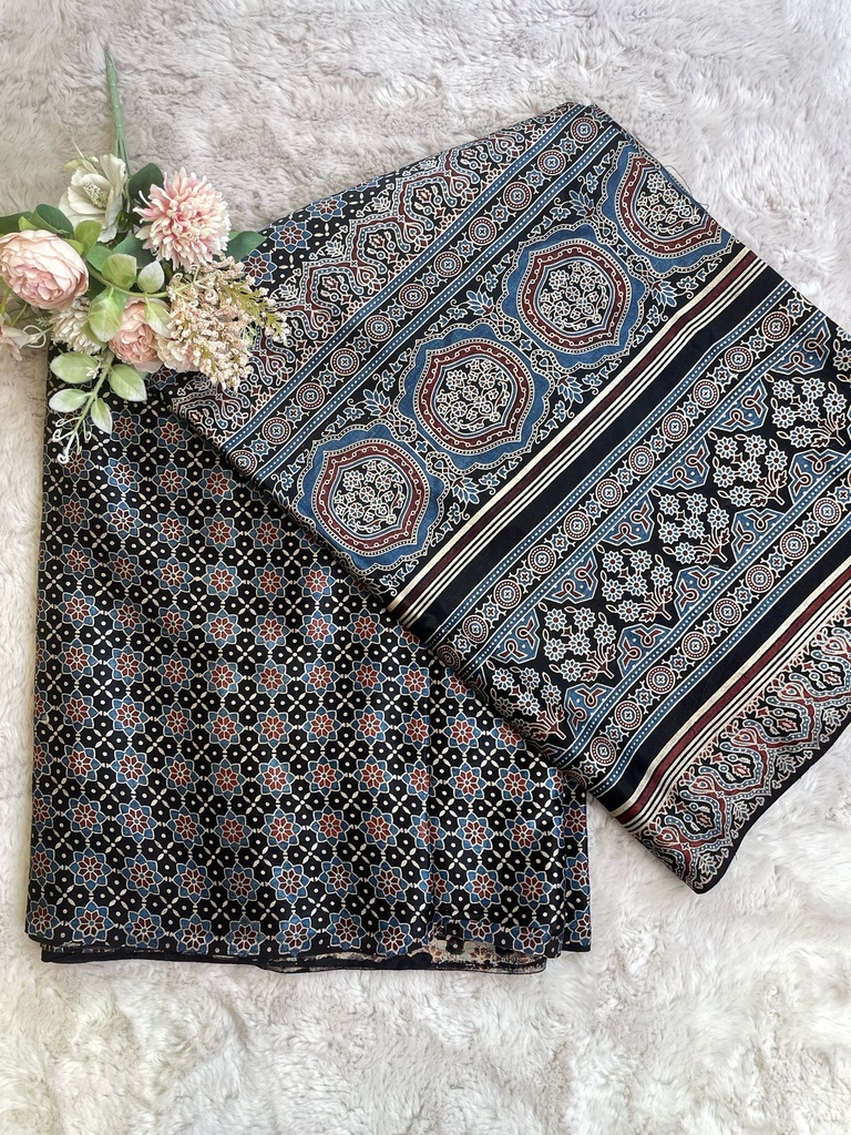 Ajrakh Handblock Printed Mashru Silk Fabric 4215