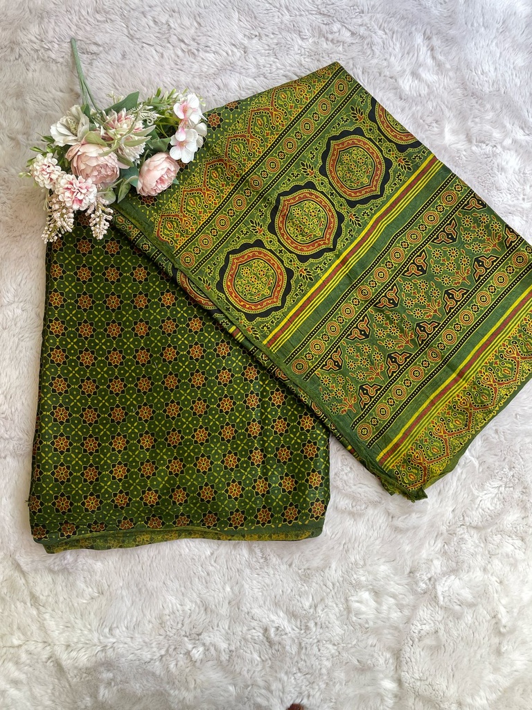 Ajrakh Handblock Printed Mashru Silk Fabric 4215