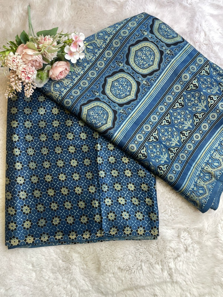 Ajrakh Handblock Printed Mashru Silk Fabric 4215
