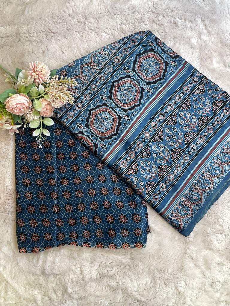 Ajrakh Handblock Printed Mashru Silk Fabric 4215