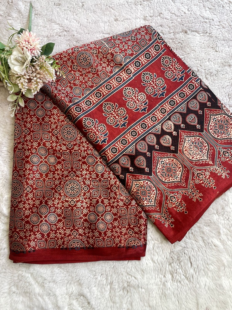 Ajrakh Handblock Printed Mashru Silk Fabric 4215