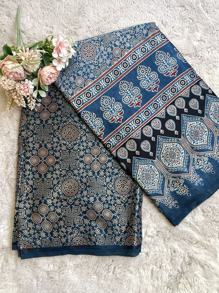 Ajrakh Handblock Printed Mashru Silk Fabric 4215