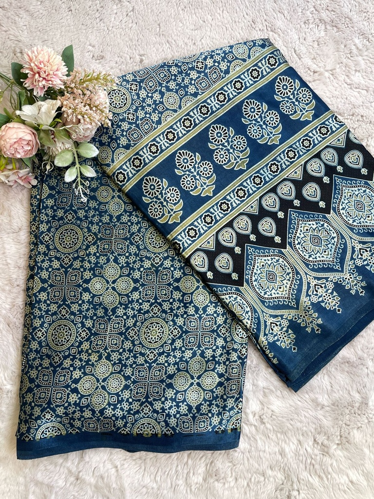 Ajrakh Handblock Printed Mashru Silk Fabric 4215