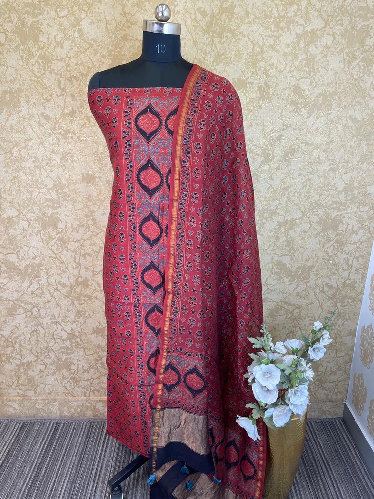 Ajrakh Chanderi Silk Cotton Top And Dupatta 4246