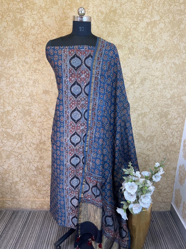 Ajrakh Chanderi Silk Cotton Top And Dupatta 4246