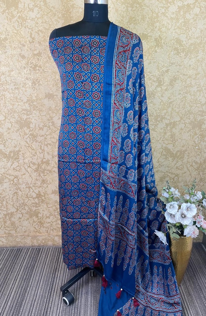 Ajrakh Modal Silk Top And Dupatta Set 5041