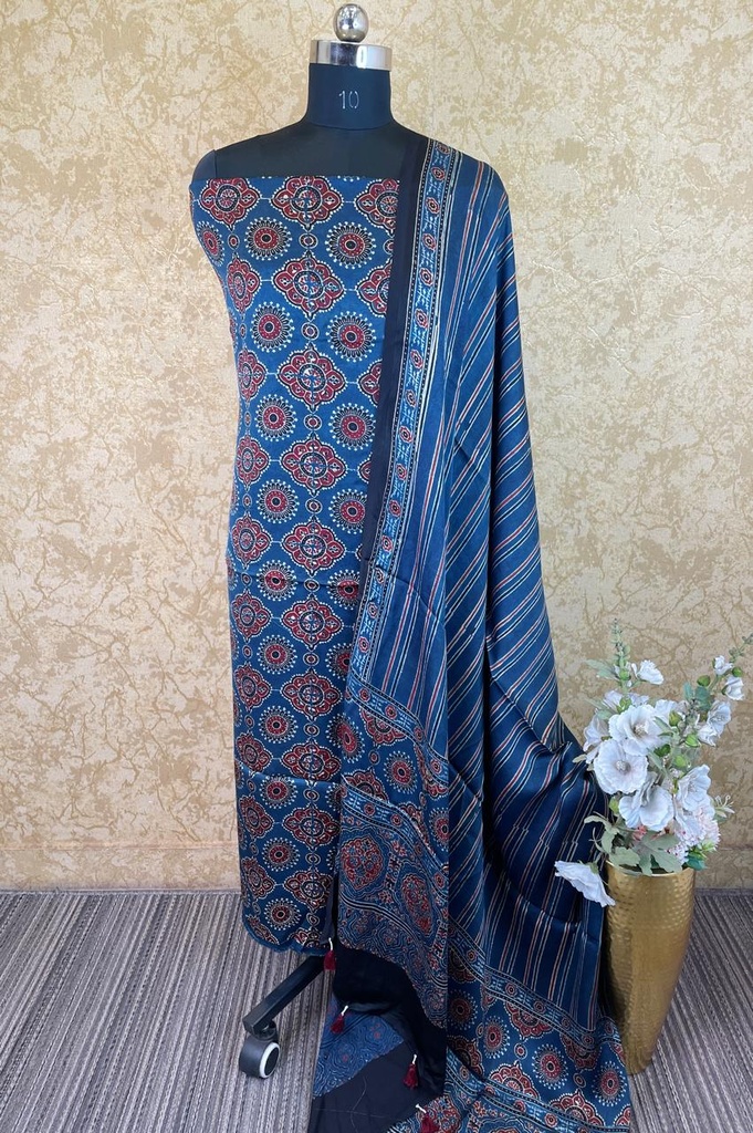 Ajrakh Modal Silk Top And Dupatta Set 5041