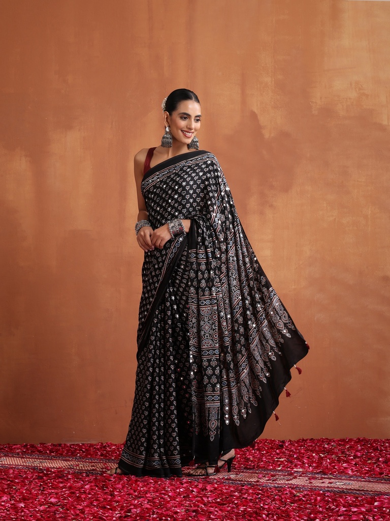 Ajrakh Mirror Saree 5036