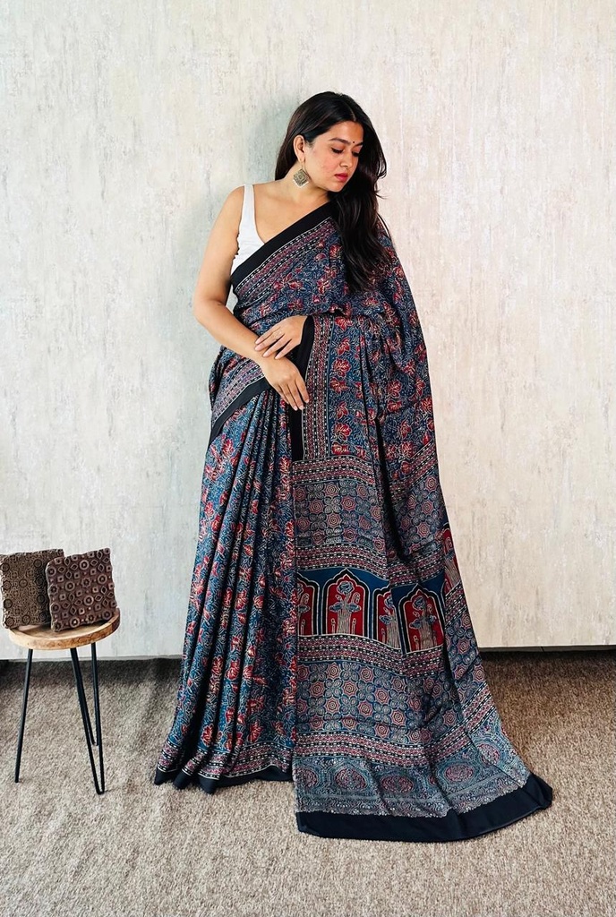 Premium Ajrakh Modal Silk Sarees 4243