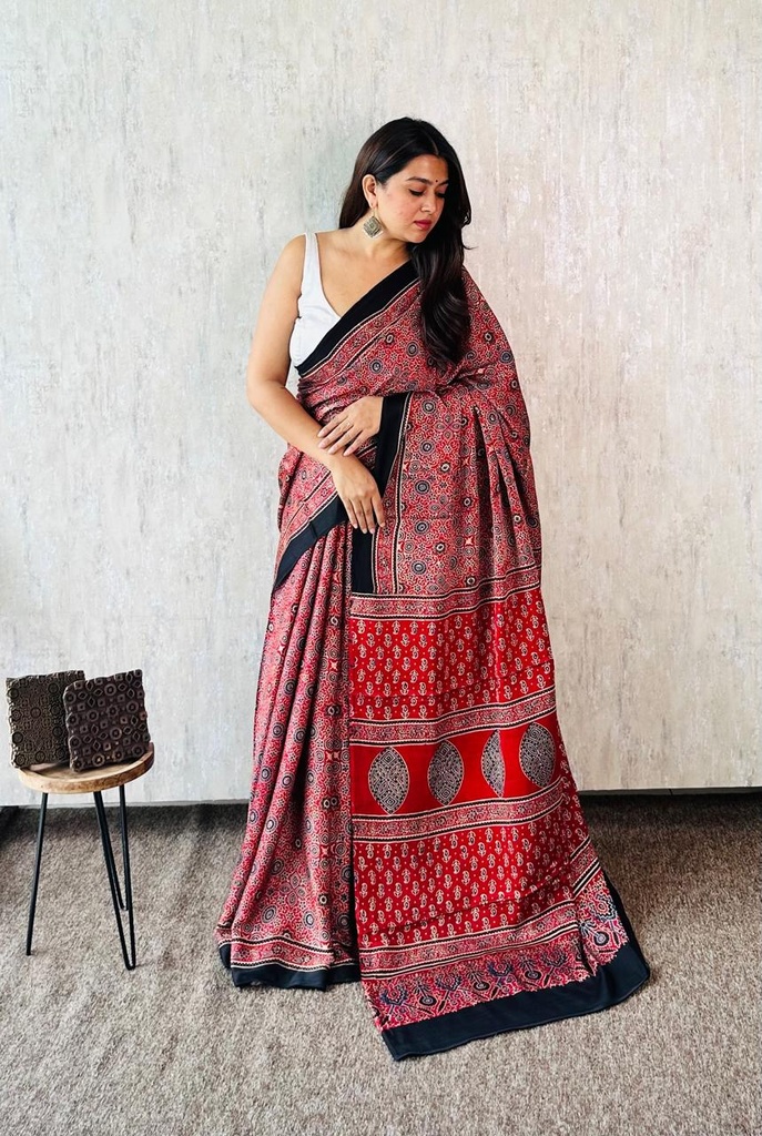 Premium Ajrakh Modal Silk Sarees 4243