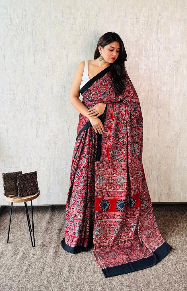 Premium Ajrakh Modal Silk Sarees 4243