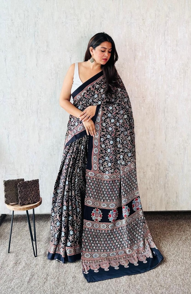 Premium Ajrakh Modal Silk Sarees 4243