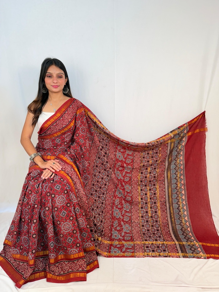 Ajrakh Sungudi Cotton Sarees 5043