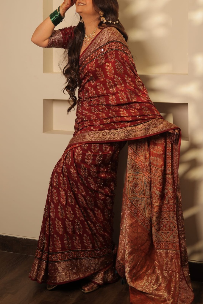 Premium Ajrakh Handwork Silk Saree 5036