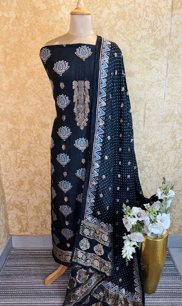 Ajrakh Dola Silk Top and Dupatta 5048
