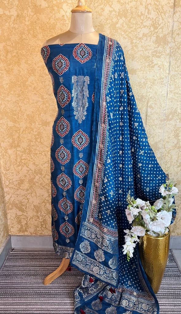 Ajrakh Dola Silk Top and Dupatta Set 5048