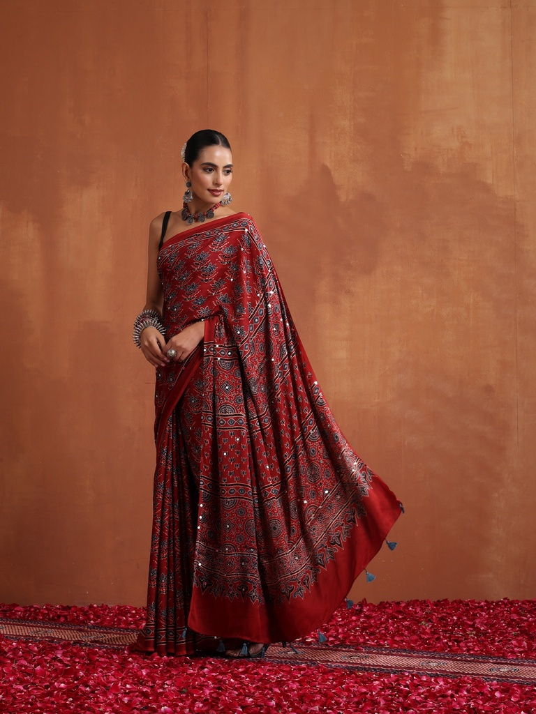 Ajrakh Modal Silk Mirror Saree 5036