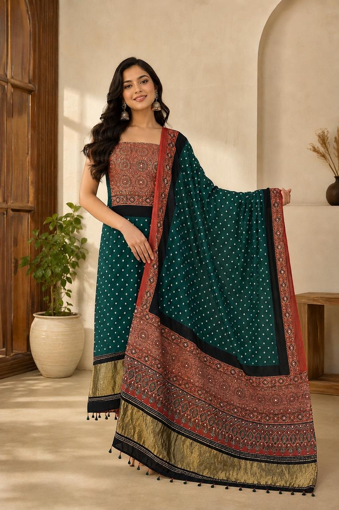 Ajrakh Bandhani Silk Top and Dupatta Set 5012
