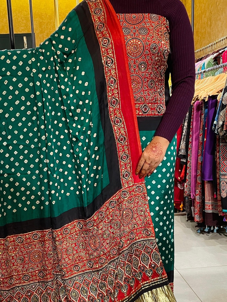 Ajrakh Bandhani Silk Top and Dupatta Set 5012
