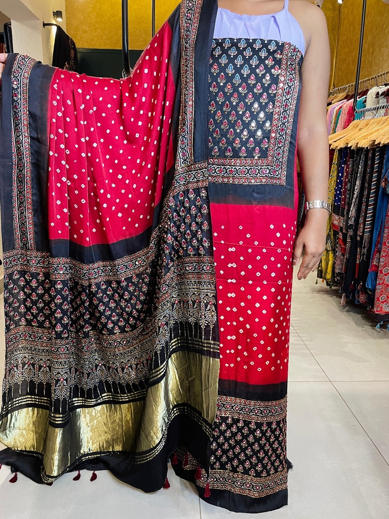 Ajrakh Bandhani Silk Top and Dupatta Set 5012