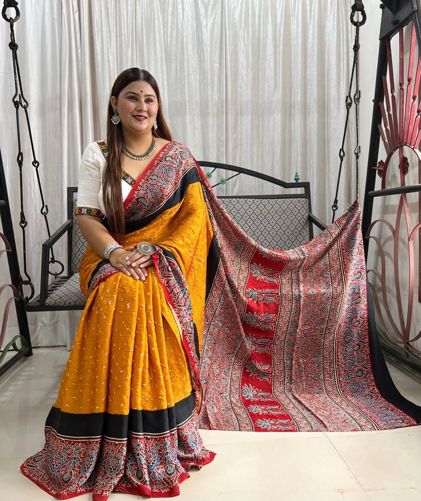 Premium Ajrakh Bandhani Saree 4244